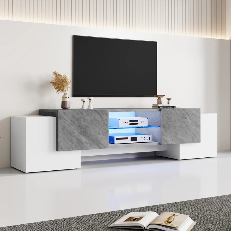 Meuble TV moderne blanc & gris étagère en verre avec éclairage LED GRIGVEK