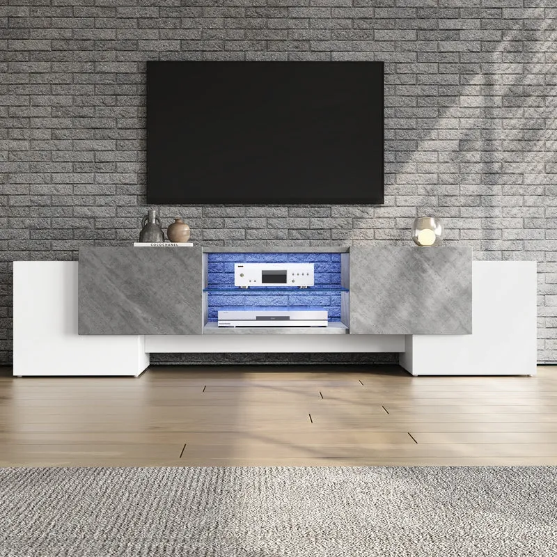 Meuble TV moderne blanc & gris étagère en verre avec éclairage LED GRIGVEK