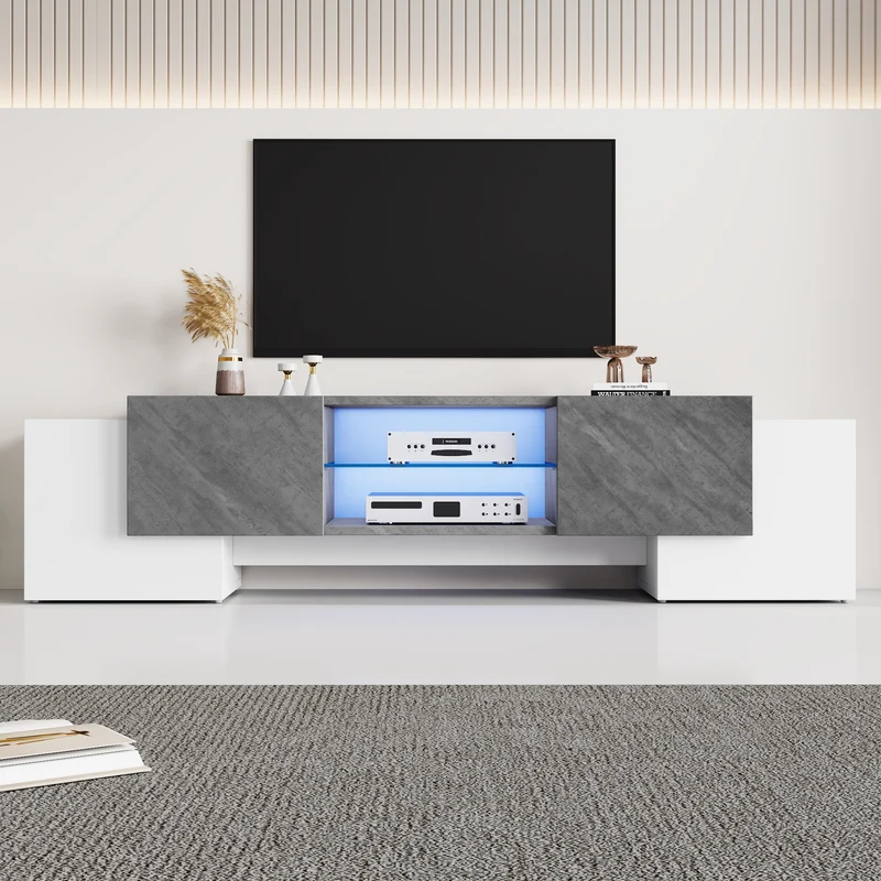 Meuble TV moderne blanc & gris étagère en verre avec éclairage LED GRIGVEK