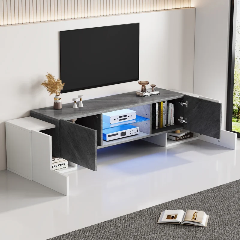 Meuble TV moderne blanc & gris étagère en verre avec éclairage LED GRIGVEK