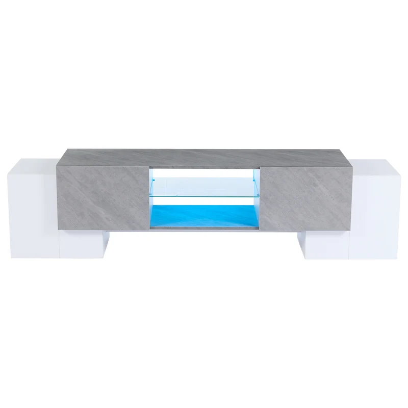 Meuble TV moderne blanc & gris étagère en verre avec éclairage LED GRIGVEK