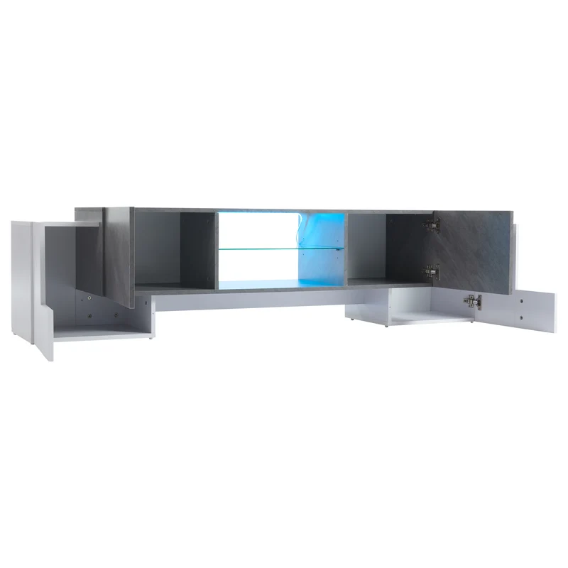Meuble TV moderne blanc & gris étagère en verre avec éclairage LED GRIGVEK