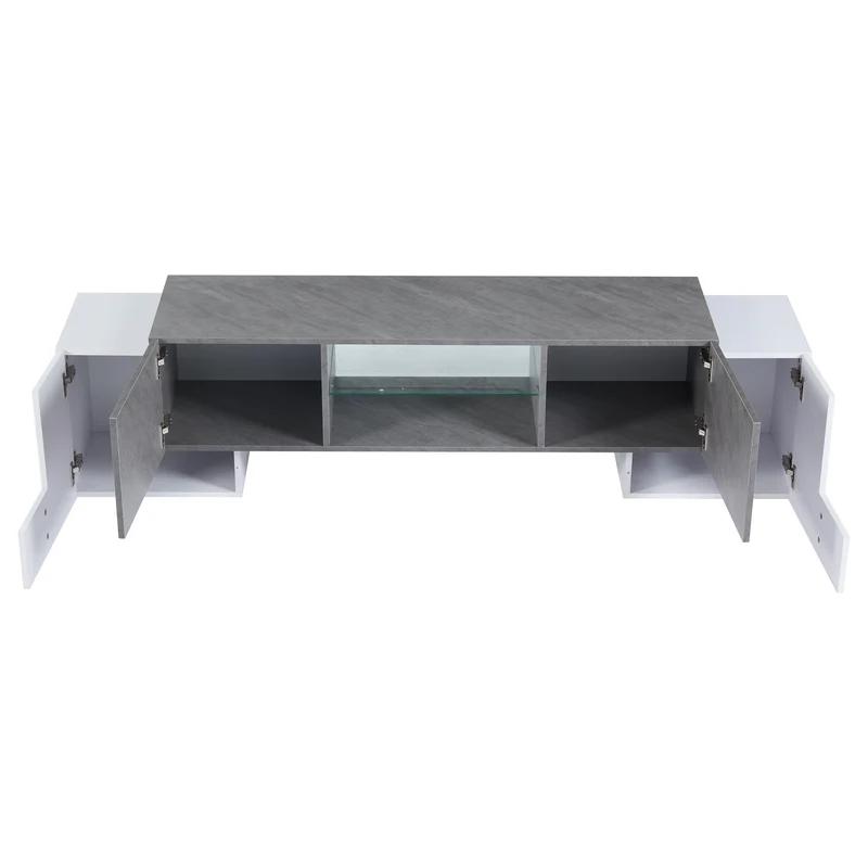 Meuble TV moderne blanc & gris étagère en verre avec éclairage LED GRIGVEK