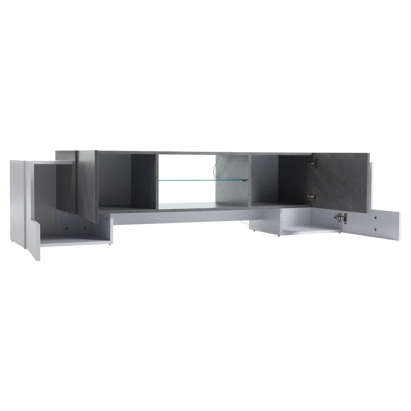 Meuble TV moderne blanc & gris étagère en verre avec éclairage LED GRIGVEK