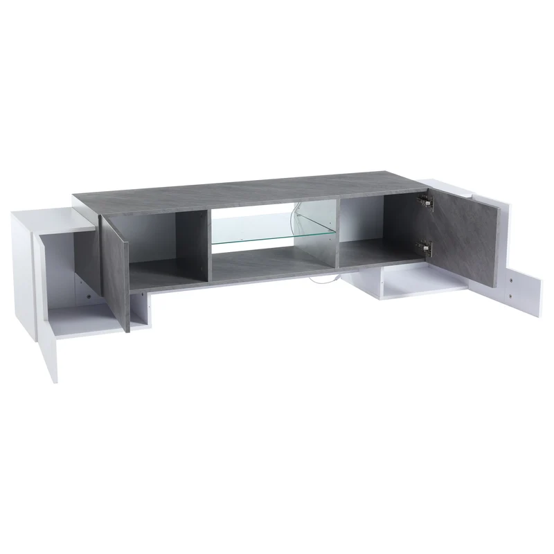 Meuble TV moderne blanc & gris étagère en verre avec éclairage LED GRIGVEK