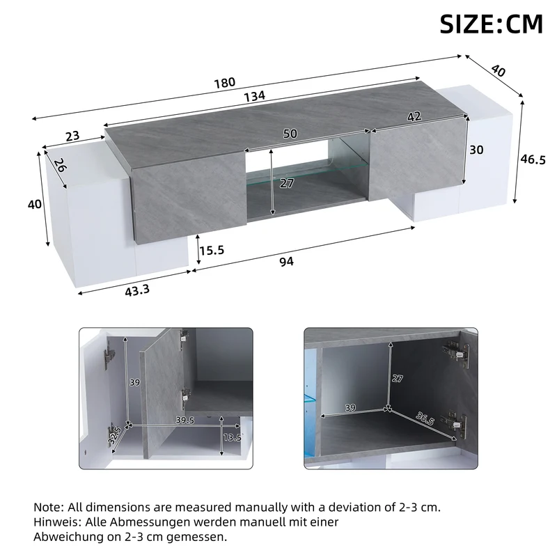 Meuble TV moderne blanc & gris étagère en verre avec éclairage LED GRIGVEK