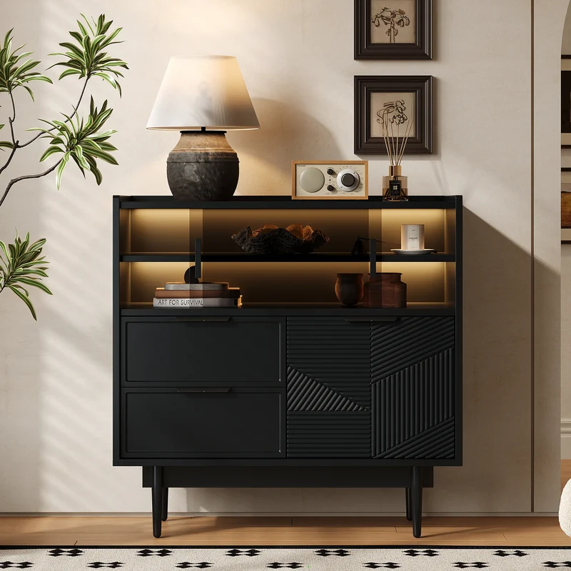 Buffet noir motifs géométriques avec éclairage LED 80*35cm QHELQADS