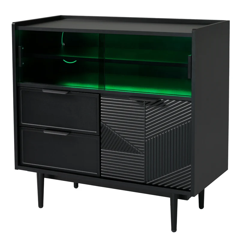 Buffet noir motifs géométriques avec éclairage LED 80*35cm QHELQADS