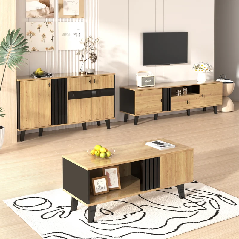 Buffets vitrines avec verre teinté et éclairage LED en noir et bois TEGMEDS