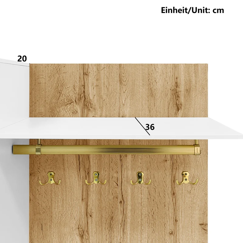 Vestiaire à l'entrée blanc effet bois avec miroir, éclairage LED et patères dorées ELEGANT SPHERE
