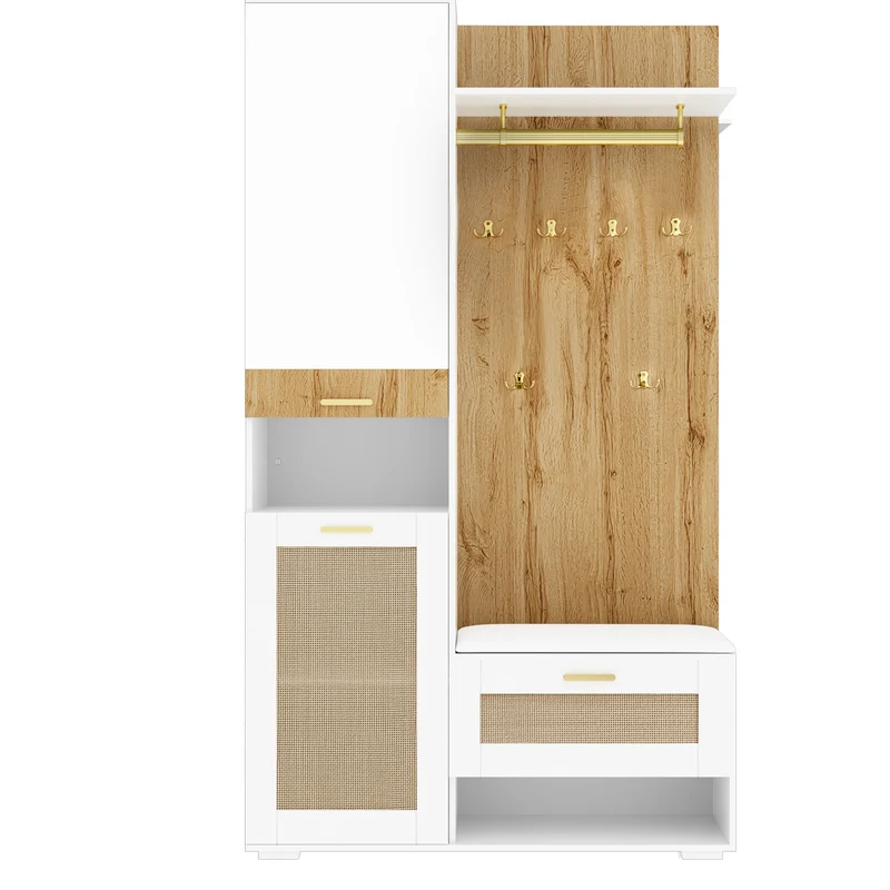 Vestiaire à l'entrée blanc effet bois avec miroir, éclairage LED et patères dorées ELEGANT SPHERE