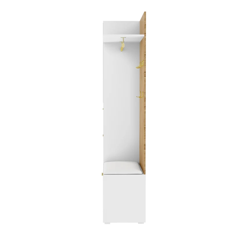 Vestiaire à l'entrée blanc effet bois avec miroir, éclairage LED et patères dorées ELEGANT SPHERE