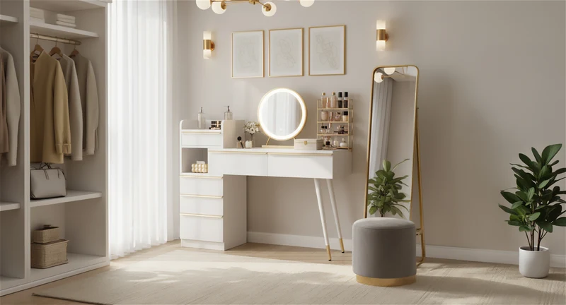 Coiffeuse blanche plateau rétractableavec miroir LED à luminosité réglable couleur et 6 tiroirs (sans tabouret) CUTICLE