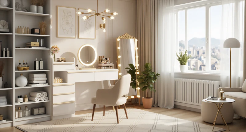 Coiffeuse blanche plateau rétractableavec miroir LED à luminosité réglable couleur et 6 tiroirs (sans tabouret) CUTICLE