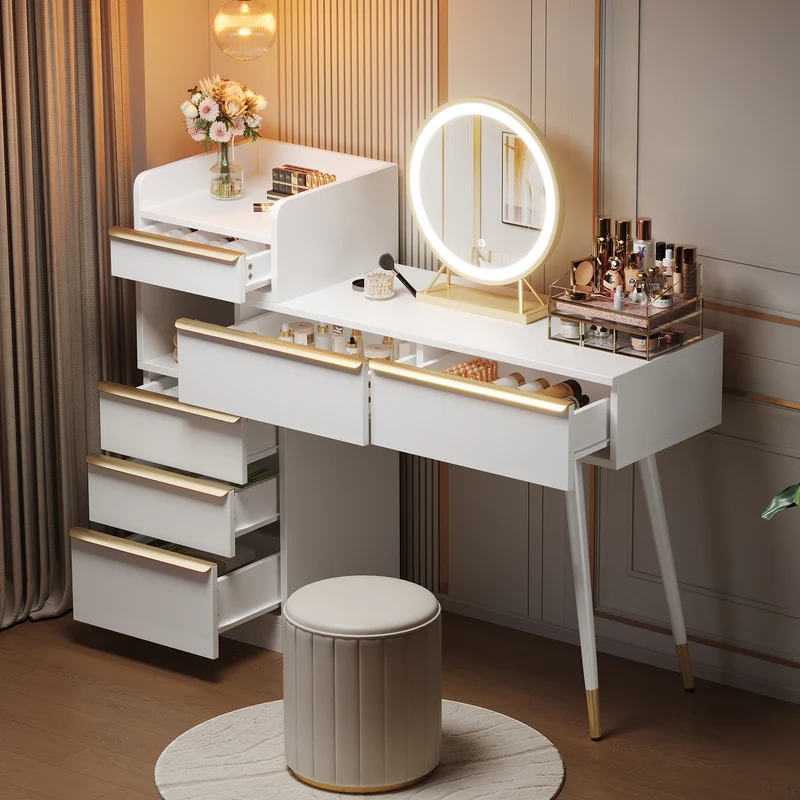 Coiffeuse blanche plateau rétractableavec miroir LED à luminosité réglable couleur et 6 tiroirs (sans tabouret) CUTICLE