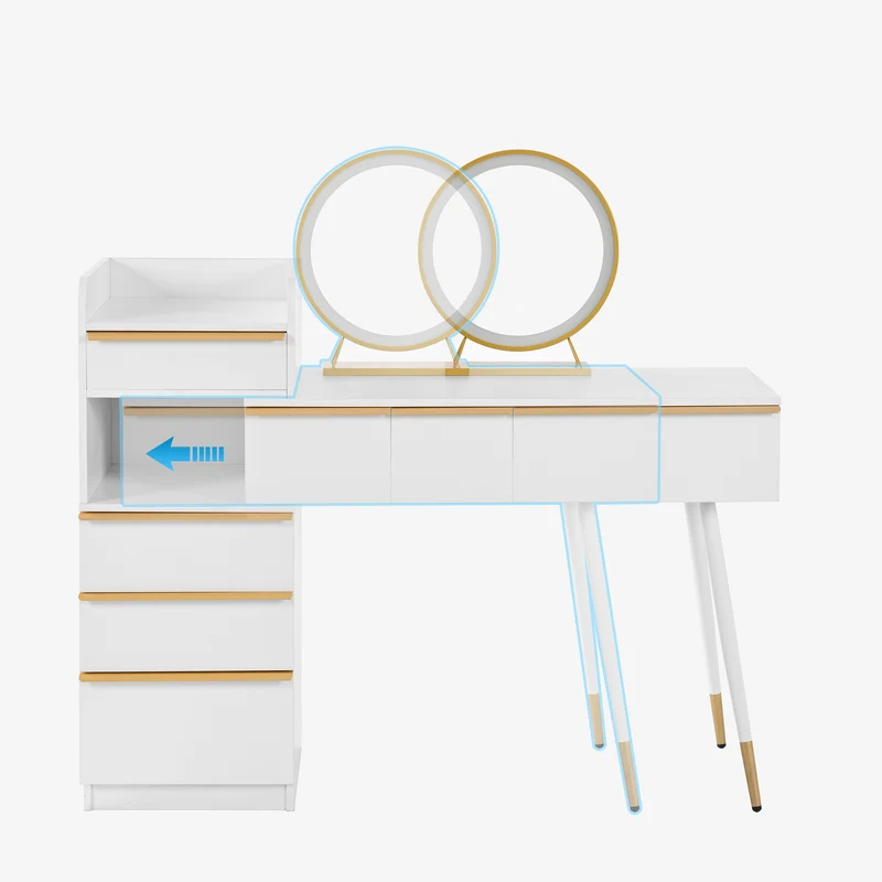 Coiffeuse blanche plateau rétractableavec miroir LED à luminosité réglable couleur et 6 tiroirs (sans tabouret) CUTICLE