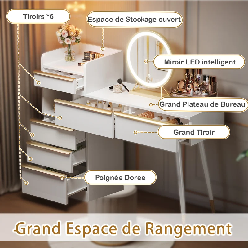 Coiffeuse blanche plateau rétractableavec miroir LED à luminosité réglable couleur et 6 tiroirs (sans tabouret) CUTICLE