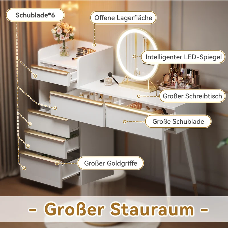 Coiffeuse blanche plateau rétractableavec miroir LED à luminosité réglable couleur et 6 tiroirs (sans tabouret) CUTICLE