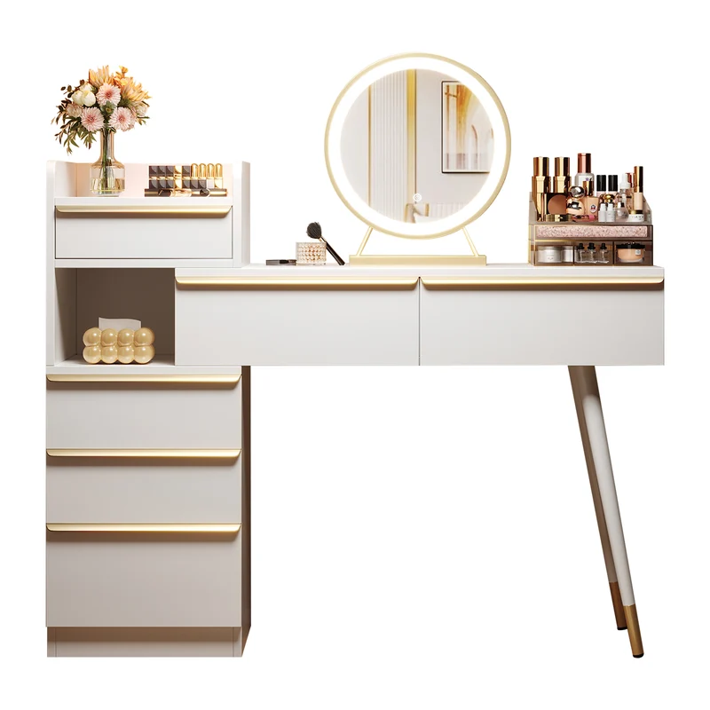 Coiffeuse blanche plateau rétractableavec miroir LED à luminosité réglable couleur et 6 tiroirs (sans tabouret) CUTICLE