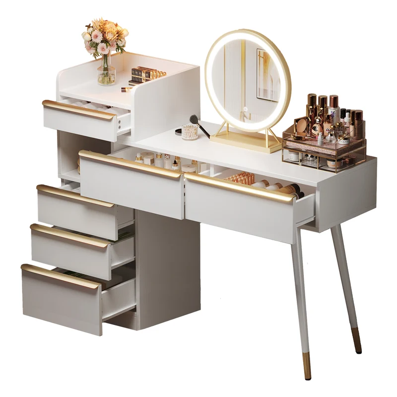 Coiffeuse blanche plateau rétractableavec miroir LED à luminosité réglable couleur et 6 tiroirs (sans tabouret) CUTICLE