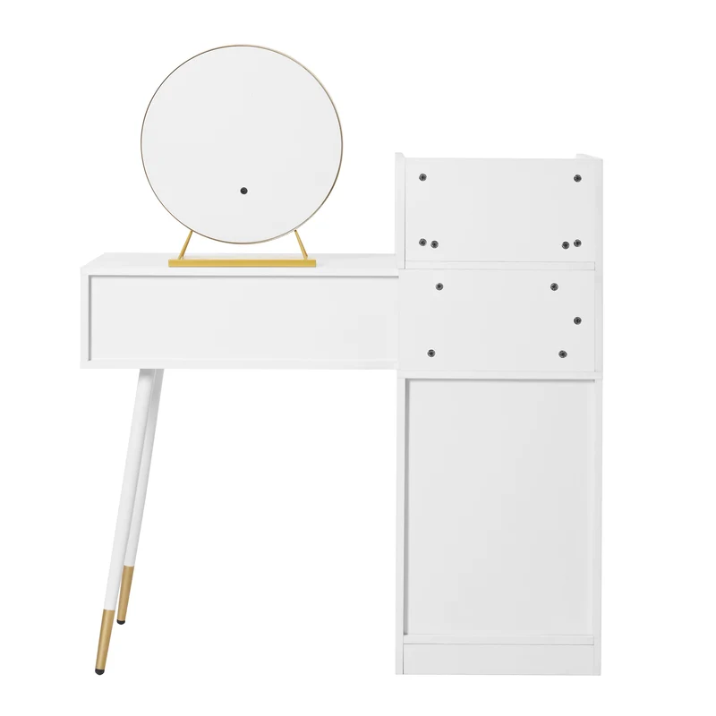 Coiffeuse blanche plateau rétractableavec miroir LED à luminosité réglable couleur et 6 tiroirs (sans tabouret) CUTICLE