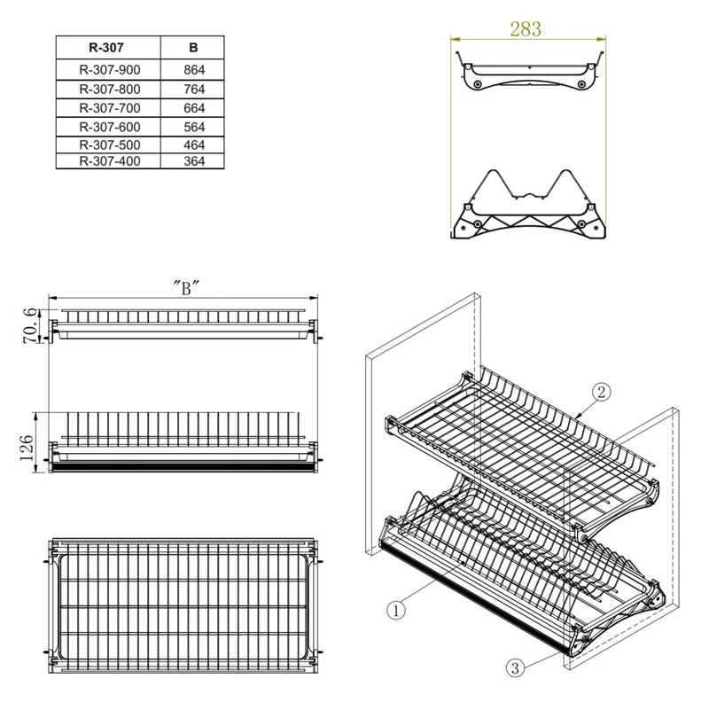 Plat égouttoir de séchage pour armoire de cuisine - Chrome 800mm