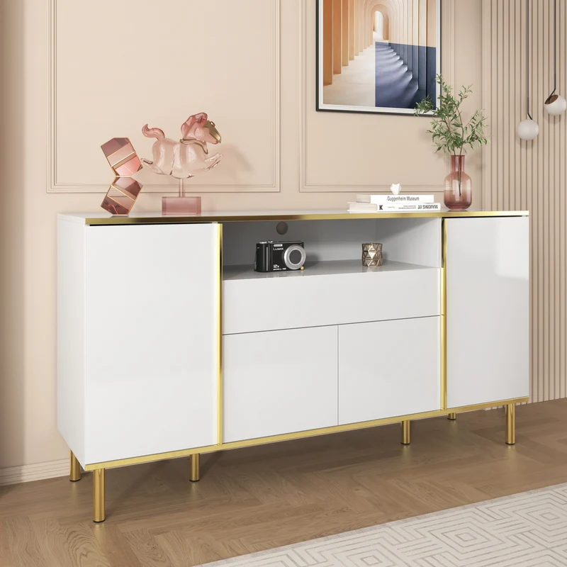 Buffet moderne luxe blanc avec éclairage LED accents dorés brillant YIRELL WHITE