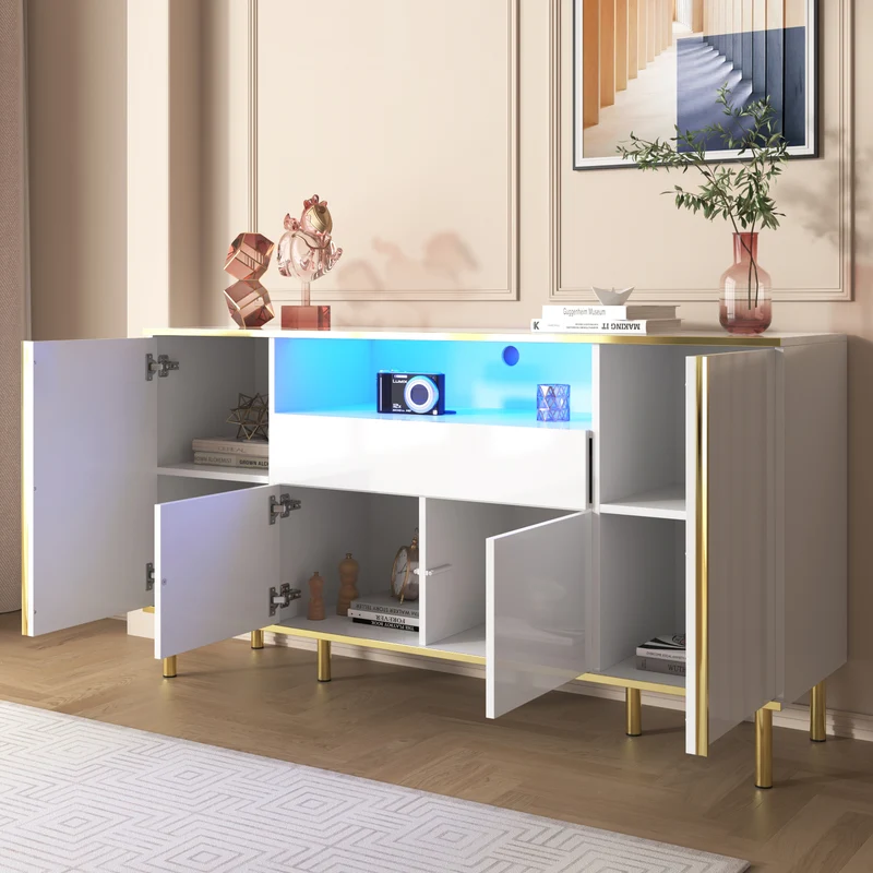 Buffet moderne luxe blanc avec éclairage LED accents dorés brillant YIRELL WHITE