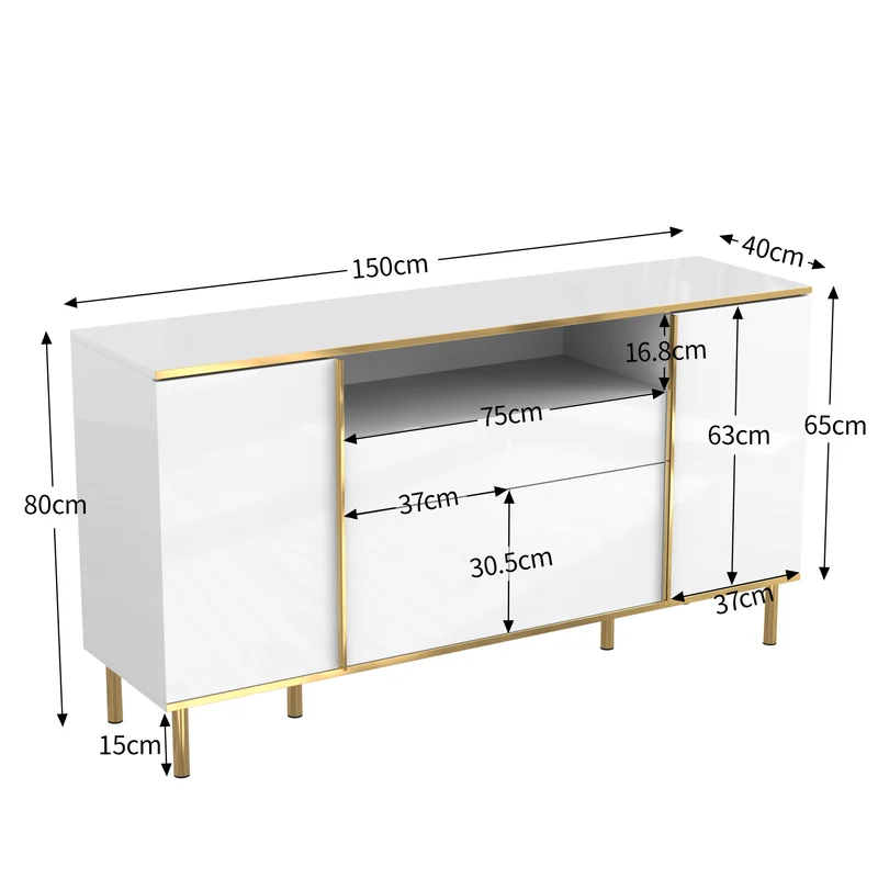 Buffet moderne luxe blanc avec éclairage LED accents dorés brillant YIRELL WHITE