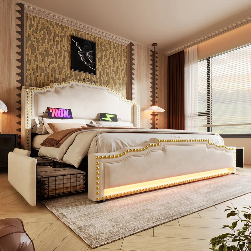 Lit double beige rembourré captionné royal avec éclairage LED et 4 tiroirs 140*200cm STOCZUTS DOUBLE BEIGE