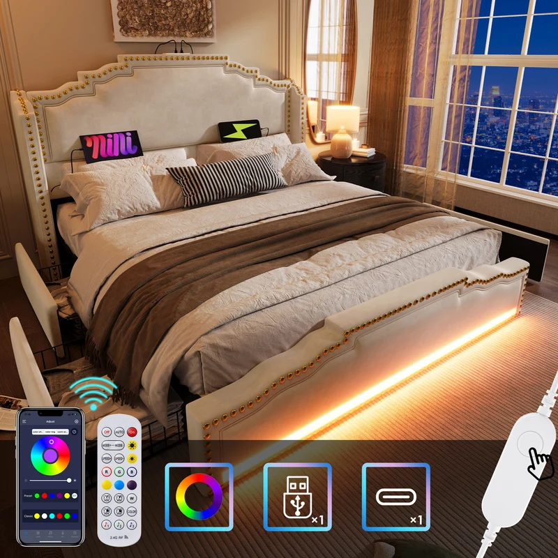 Lit double beige rembourré captionné royal avec éclairage LED et 4 tiroirs 140*200cm STOCZUTS DOUBLE BEIGE