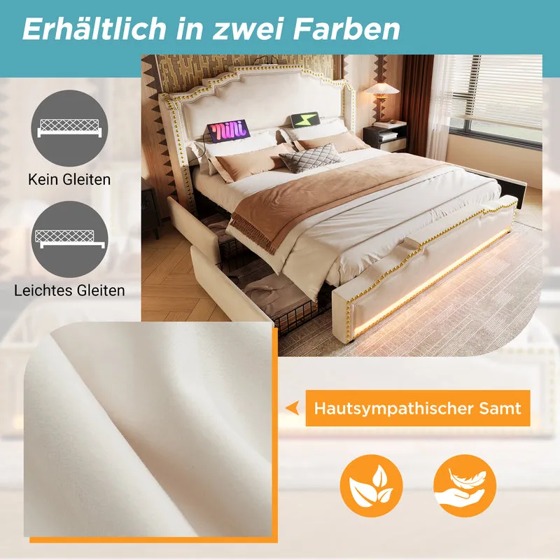 Lit double beige rembourré captionné royal avec éclairage LED et 4 tiroirs 140*200cm STOCZUTS DOUBLE BEIGE
