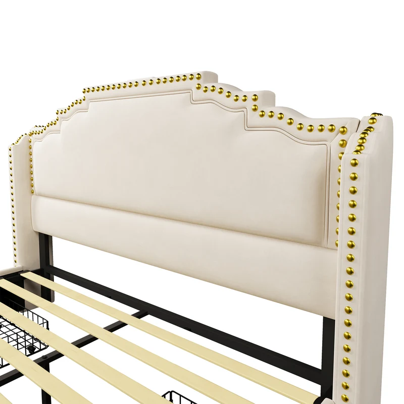 Lit double beige rembourré captionné royal avec éclairage LED et 4 tiroirs 140*200cm STOCZUTS DOUBLE BEIGE