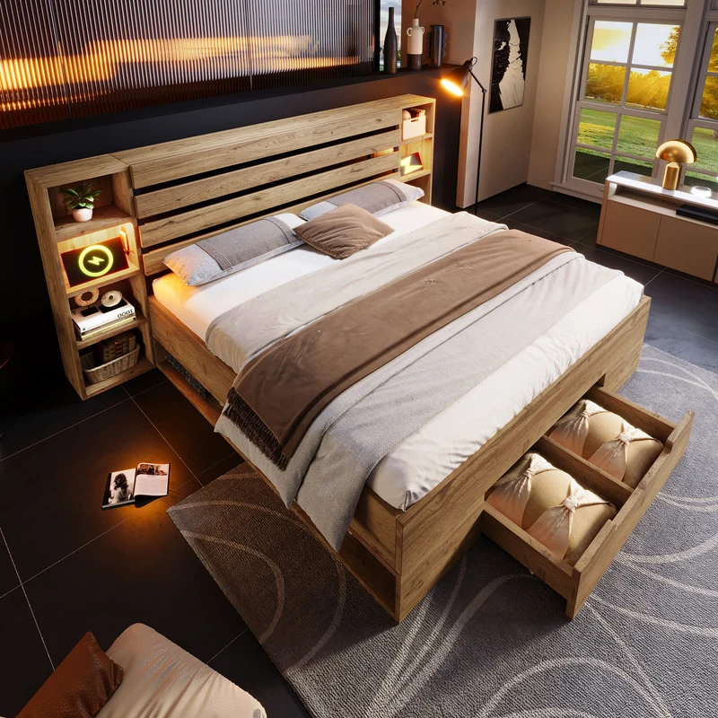 Lit double en bois massif chêne avec éclairage LED étagères et tiroirs rangement prise USB C 160×200cm (sans matelas) IESSAES QUEEN