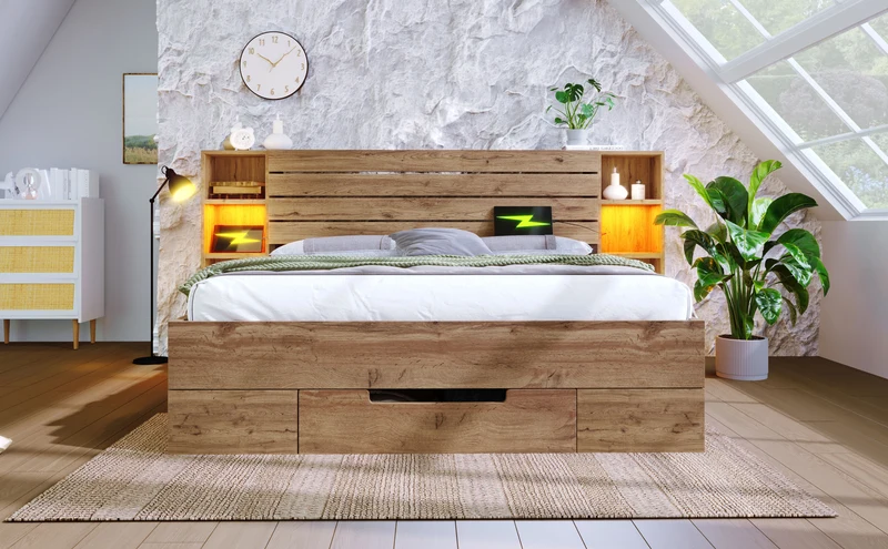 Lit double en bois massif chêne avec éclairage LED étagères et tiroirs rangement prise USB C 160×200cm (sans matelas) IESSAES QUEEN