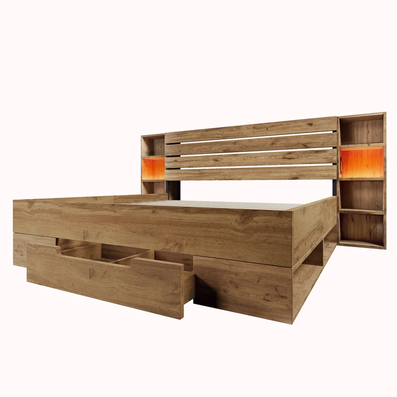 Lit double en bois massif chêne avec éclairage LED étagères et tiroirs rangement prise USB C 160×200cm (sans matelas) IESSAES QUEEN