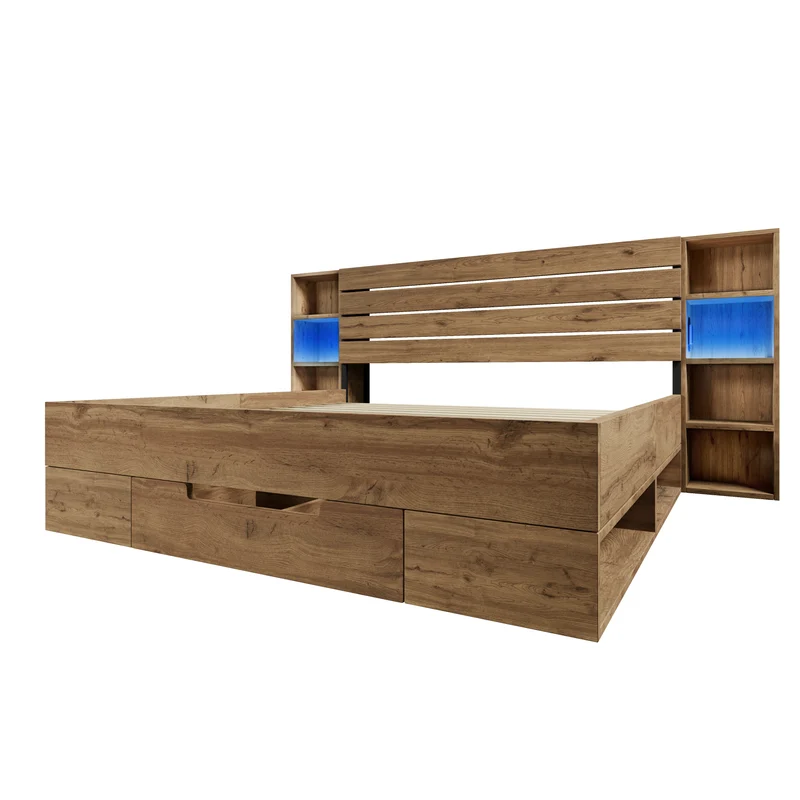 Lit double en bois massif chêne avec éclairage LED étagères et tiroirs rangement prise USB C 160×200cm (sans matelas) IESSAES QUEEN