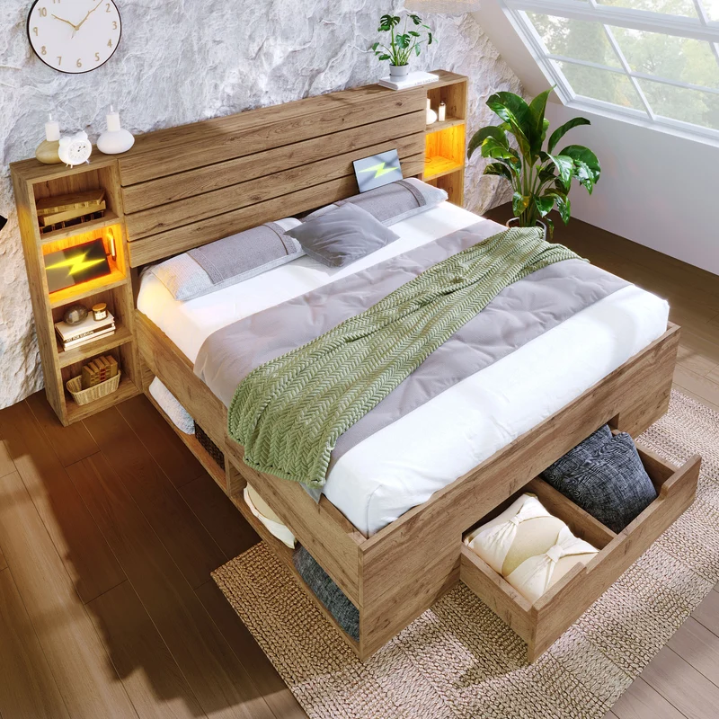 Lit double en bois massif chêne avec éclairage LED étagères et tiroirs rangement prise USB C 160×200cm (sans matelas) IESSAES QUEEN