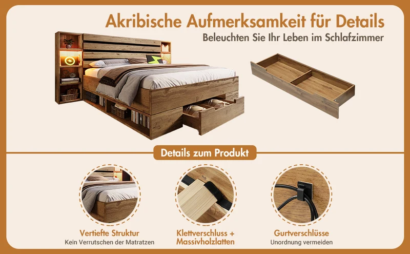 Lit double en bois massif chêne avec éclairage LED étagères et tiroirs rangement prise USB C 160×200cm (sans matelas) IESSAES QUEEN