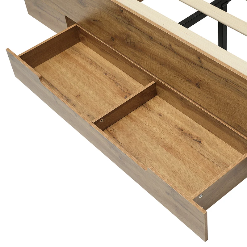Lit double en bois massif chêne avec éclairage LED étagères et tiroirs rangement prise USB C 160×200cm (sans matelas) IESSAES QUEEN