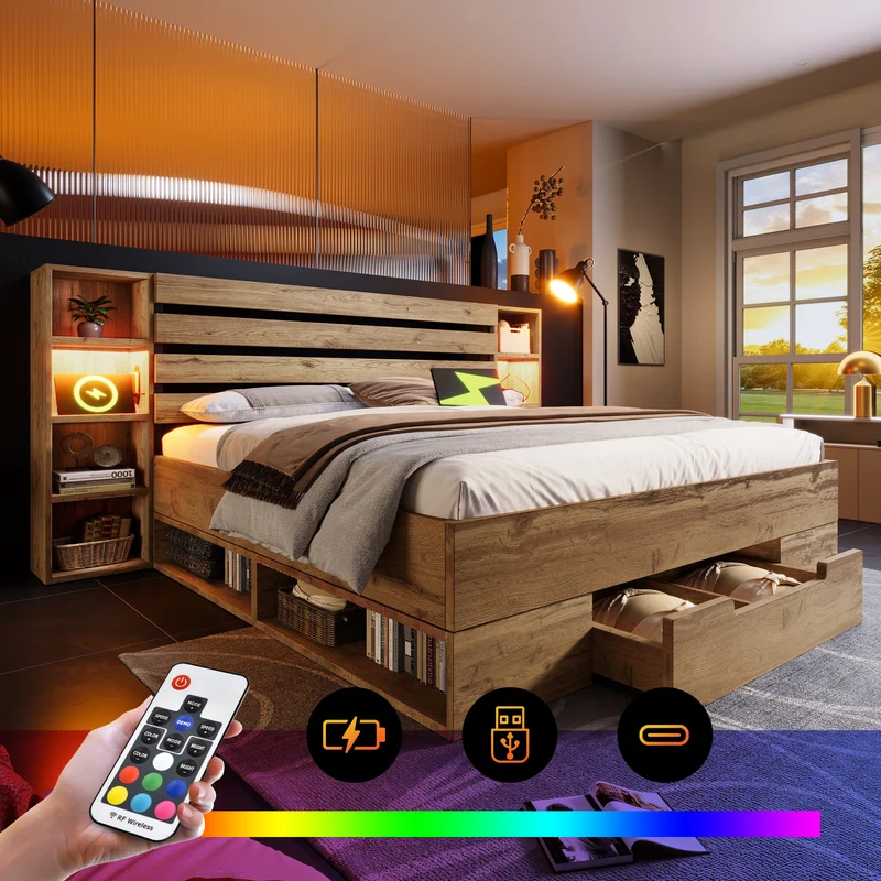 Lit double en bois massif chêne avec éclairage LED étagères et tiroirs rangement prise USB C 160×200cm (sans matelas) IESSAES QUEEN