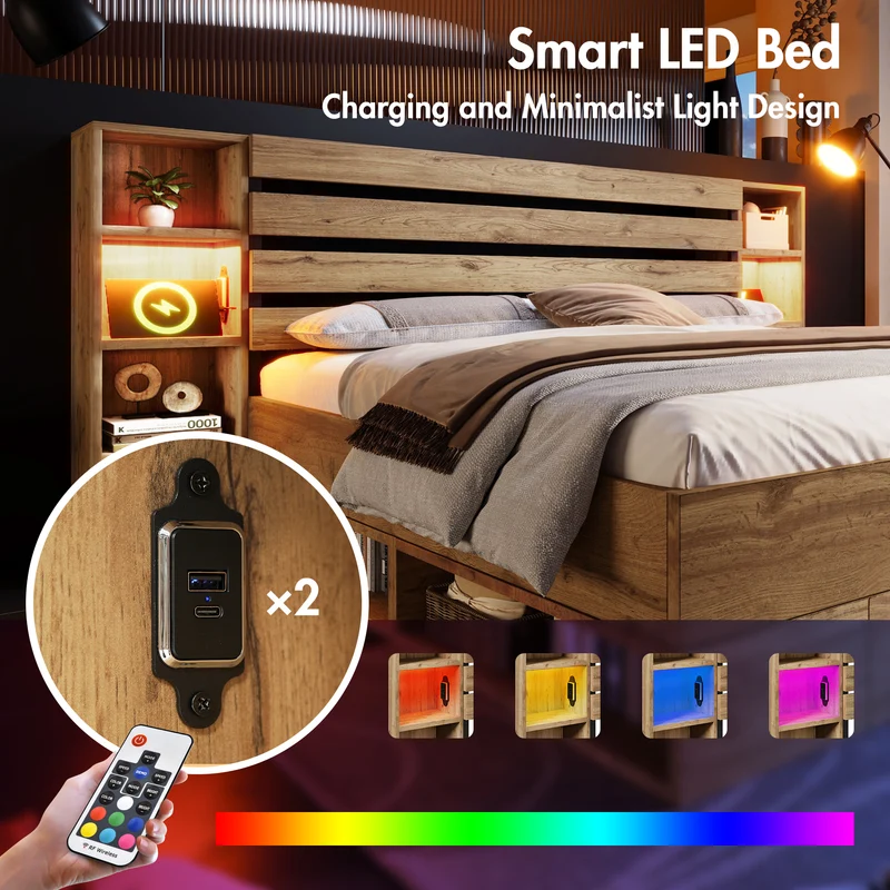 Lit double en bois massif chêne avec éclairage LED étagères et tiroirs rangement prise USB C 160×200cm (sans matelas) IESSAES QUEEN