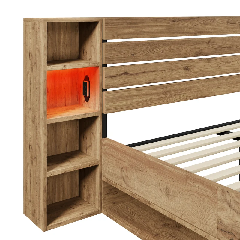 Lit double en bois massif chêne avec éclairage LED étagères et tiroirs rangement prise USB C 160×200cm (sans matelas) IESSAES QUEEN