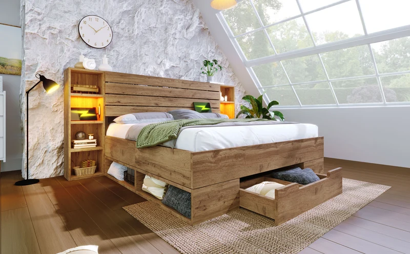 Lit double en bois massif chêne avec éclairage LED étagères et tiroirs rangement prise USB C 160×200cm (sans matelas) IESSAES QUEEN