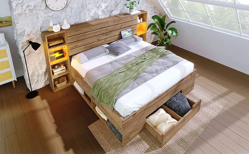 Lit double en bois massif chêne avec éclairage LED étagères et tiroirs rangement prise USB C 160×200cm (sans matelas) IESSAES QUEEN