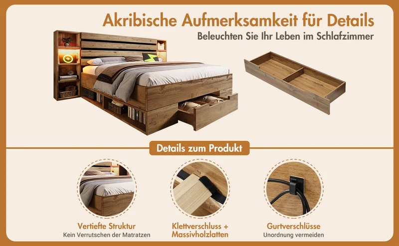 Lit double en bois massif chêne avec éclairage LED étagères et tiroirs rangement prise USB C 160×200cm (sans matelas) IESSAES QUEEN