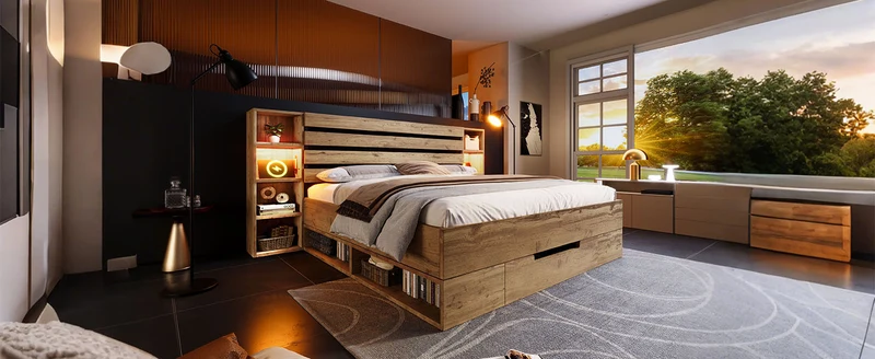 Lit double en bois massif chêne avec éclairage LED étagères et tiroirs rangement prise USB C 160×200cm (sans matelas) IESSAES QUEEN