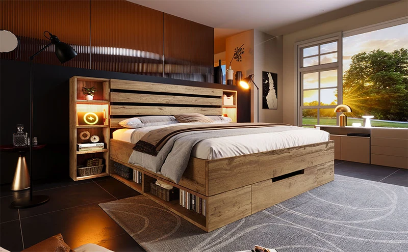 Lit double en bois massif chêne avec éclairage LED étagères et tiroirs rangement prise USB C 160×200cm (sans matelas) IESSAES QUEEN