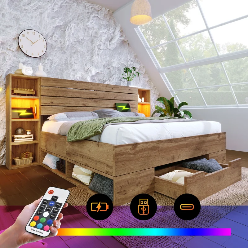 Lit double en bois massif chêne avec éclairage LED étagères et tiroirs rangement prise USB C 160×200cm (sans matelas) IESSAES QUEEN