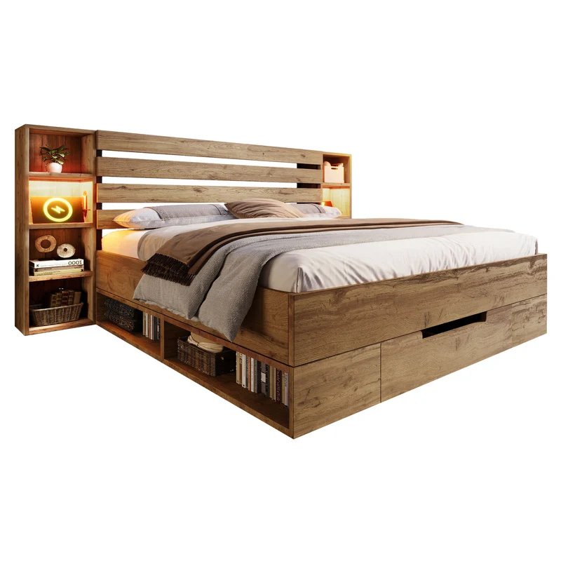 Lit double en bois massif chêne avec éclairage LED étagères et tiroirs rangement prise USB C 160×200cm (sans matelas) IESSAES QUEEN
